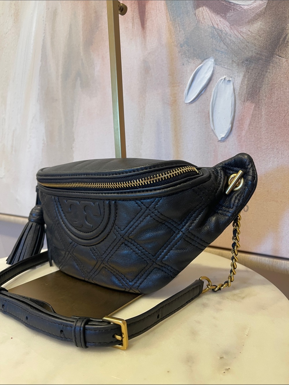 Tory Burch Black Quilted Fleming 
Leather Crossbody Belt Bag with Tassel - Picture 2 of 9